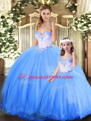 Luxurious Blue Lace Up Sweet 16 Dress Beading Sleeveless Floor Length