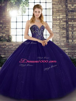 Ideal Purple Lace Up Sweetheart Beading 15th Birthday Dress Tulle Sleeveless