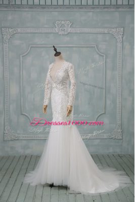 White Bridal Gown Wedding Party with Lace V-neck Long Sleeves Brush Train Backless