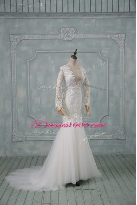 White Bridal Gown Wedding Party with Lace V-neck Long Sleeves Brush Train Backless