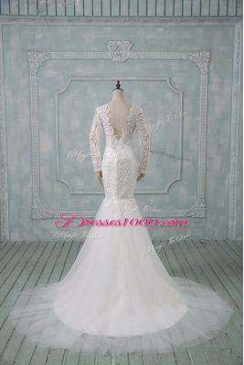 White Bridal Gown Wedding Party with Lace V-neck Long Sleeves Brush Train Backless