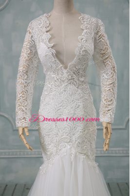White Bridal Gown Wedding Party with Lace V-neck Long Sleeves Brush Train Backless