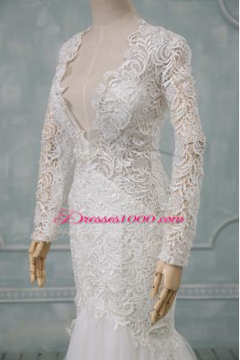 White Bridal Gown Wedding Party with Lace V-neck Long Sleeves Brush Train Backless