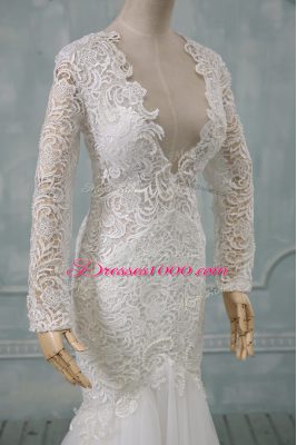 White Bridal Gown Wedding Party with Lace V-neck Long Sleeves Brush Train Backless