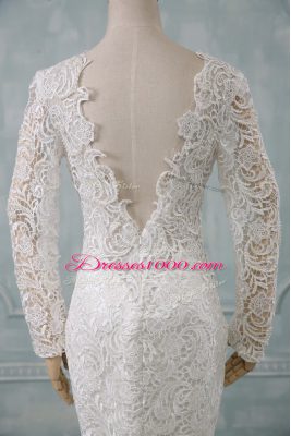 White Bridal Gown Wedding Party with Lace V-neck Long Sleeves Brush Train Backless