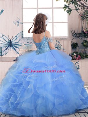 Simple Off The Shoulder Sleeveless Kids Pageant Dress Floor Length Beading Peach Tulle