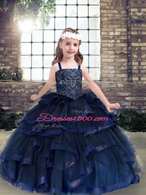 Superior Tulle Straps Sleeveless Lace Up Beading and Ruffles Kids Pageant Dress in Navy Blue