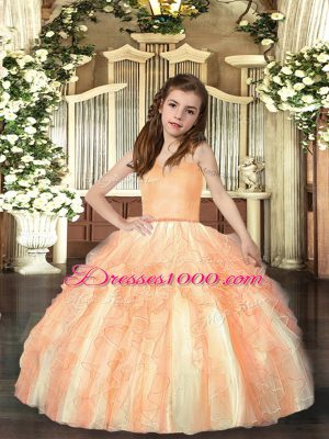 Orange Straps Neckline Ruffles Little Girl Pageant Gowns Sleeveless Lace Up