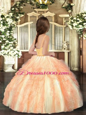 Orange Straps Neckline Ruffles Little Girl Pageant Gowns Sleeveless Lace Up