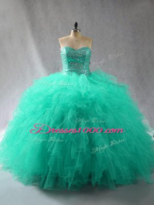 Top Selling Turquoise Tulle Lace Up Vestidos de Quinceanera Sleeveless Floor Length Beading and Ruffles