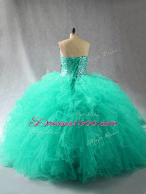 Top Selling Turquoise Tulle Lace Up Vestidos de Quinceanera Sleeveless Floor Length Beading and Ruffles