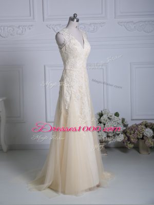 Champagne Column/Sheath Tulle V-neck Sleeveless Lace and Appliques Zipper Homecoming Dress Brush Train