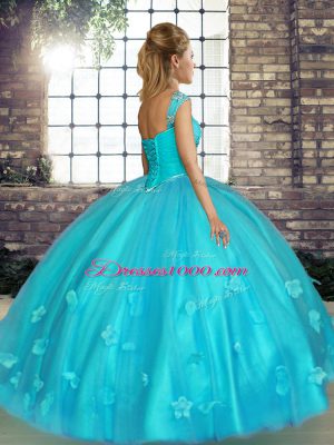 Turquoise and Apple Green Off The Shoulder Neckline Beading and Appliques Ball Gown Prom Dress Sleeveless Lace Up