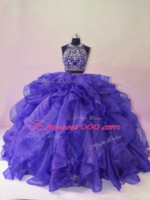 Sleeveless Organza Brush Train Backless Sweet 16 Dresses in Purple with Beading and Ruffles