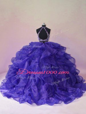 Sleeveless Organza Brush Train Backless Sweet 16 Dresses in Purple with Beading and Ruffles