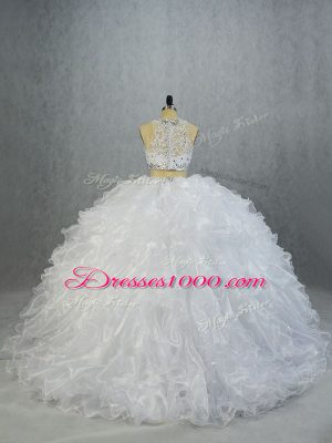 Captivating White Scoop Neckline Beading and Ruffles Quinceanera Gown Sleeveless Lace Up