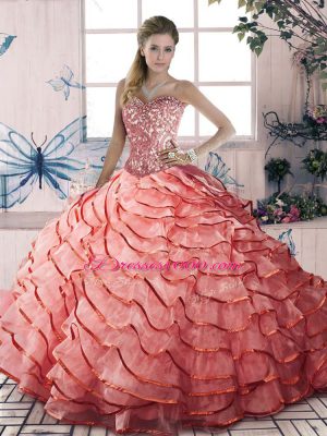 Amazing Watermelon Red Ball Gowns Sweetheart Sleeveless Organza Brush Train Lace Up Beading and Ruffled Layers 15th Birthday Dress
