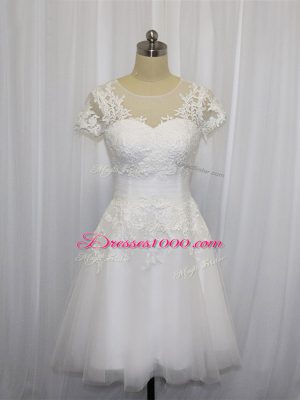 Attractive Scoop Short Sleeves Wedding Dresses Mini Length Lace White Tulle