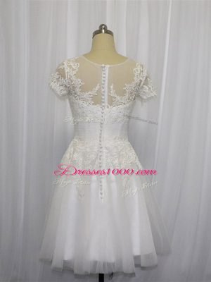 Attractive Scoop Short Sleeves Wedding Dresses Mini Length Lace White Tulle