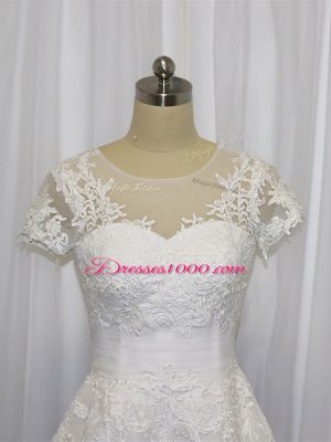 Attractive Scoop Short Sleeves Wedding Dresses Mini Length Lace White Tulle