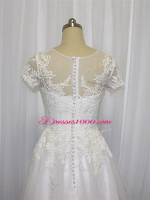 Attractive Scoop Short Sleeves Wedding Dresses Mini Length Lace White Tulle