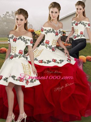 Excellent Floor Length White And Red Quinceanera Dresses Tulle Sleeveless Embroidery and Ruffles