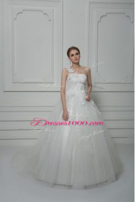 Sleeveless Brush Train Beading and Lace and Hand Made Flower Lace Up Wedding Dress