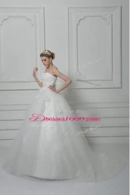 Sleeveless Brush Train Beading and Lace and Hand Made Flower Lace Up Wedding Dress