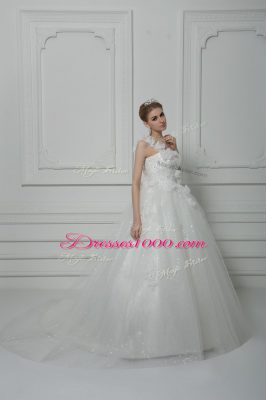 Sleeveless Brush Train Beading and Lace and Hand Made Flower Lace Up Wedding Dress