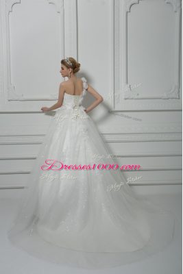 Sleeveless Brush Train Beading and Lace and Hand Made Flower Lace Up Wedding Dress