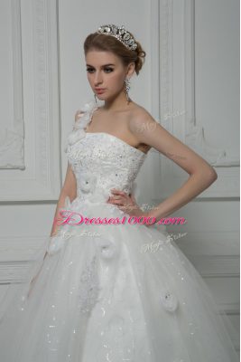 Sleeveless Brush Train Beading and Lace and Hand Made Flower Lace Up Wedding Dress