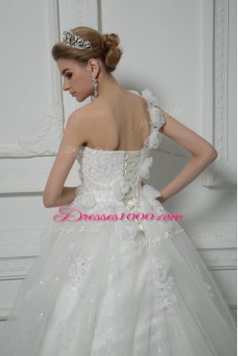 Sleeveless Brush Train Beading and Lace and Hand Made Flower Lace Up Wedding Dress