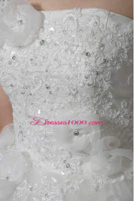 Sleeveless Brush Train Beading and Lace and Hand Made Flower Lace Up Wedding Dress