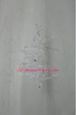 Sleeveless Brush Train Beading and Lace and Hand Made Flower Lace Up Wedding Dress