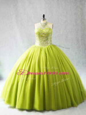 Sleeveless Beading Lace Up 15 Quinceanera Dress with Yellow Green