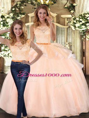 Dramatic Peach Sleeveless Lace Floor Length Quinceanera Dresses