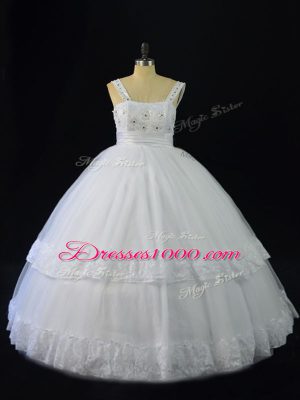 Dazzling White A-line Straps Sleeveless Tulle Floor Length Lace Up Beading and Appliques Quince Ball Gowns
