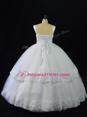 Dazzling White A-line Straps Sleeveless Tulle Floor Length Lace Up Beading and Appliques Quince Ball Gowns