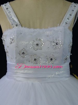 Dazzling White A-line Straps Sleeveless Tulle Floor Length Lace Up Beading and Appliques Quince Ball Gowns