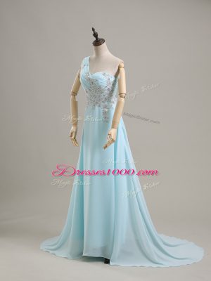 Super Sleeveless Chiffon Brush Train Side Zipper Dress for Prom in Baby Blue with Beading