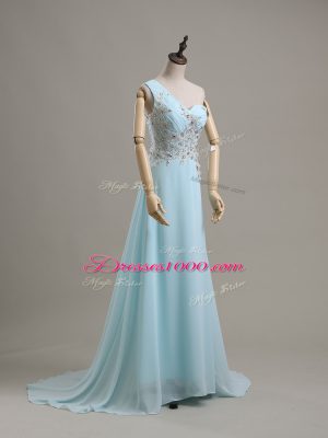 Super Sleeveless Chiffon Brush Train Side Zipper Dress for Prom in Baby Blue with Beading