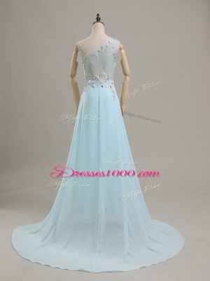 Super Sleeveless Chiffon Brush Train Side Zipper Dress for Prom in Baby Blue with Beading