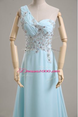 Super Sleeveless Chiffon Brush Train Side Zipper Dress for Prom in Baby Blue with Beading