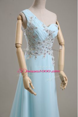 Super Sleeveless Chiffon Brush Train Side Zipper Dress for Prom in Baby Blue with Beading