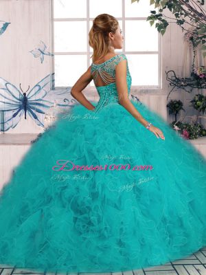 Glittering Ball Gowns Sleeveless Olive Green Quince Ball Gowns Brush Train Lace Up