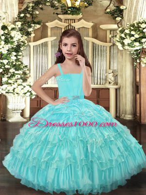 Luxurious Aqua Blue Organza Lace Up Kids Pageant Dress Sleeveless Floor Length Ruffled Layers