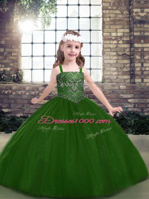 Nice Straps Sleeveless Party Dress for Girls Floor Length Beading Green Tulle