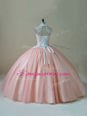 Delicate Beading and Lace 15 Quinceanera Dress Peach Lace Up Sleeveless Floor Length