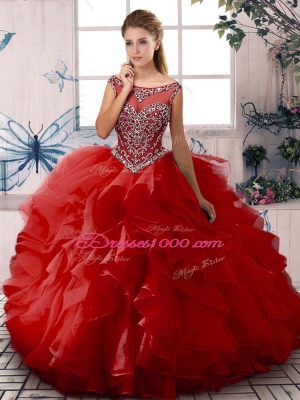 Fancy Red Sleeveless Floor Length Beading and Ruffles Zipper Quince Ball Gowns