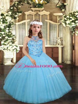 Latest Aqua Blue Tulle Lace Up Little Girls Pageant Dress Sleeveless Floor Length Beading
